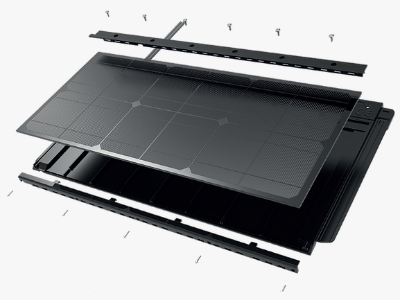 Exploded view of the EnvirotilePV solar roof tile with components and layers displayed.